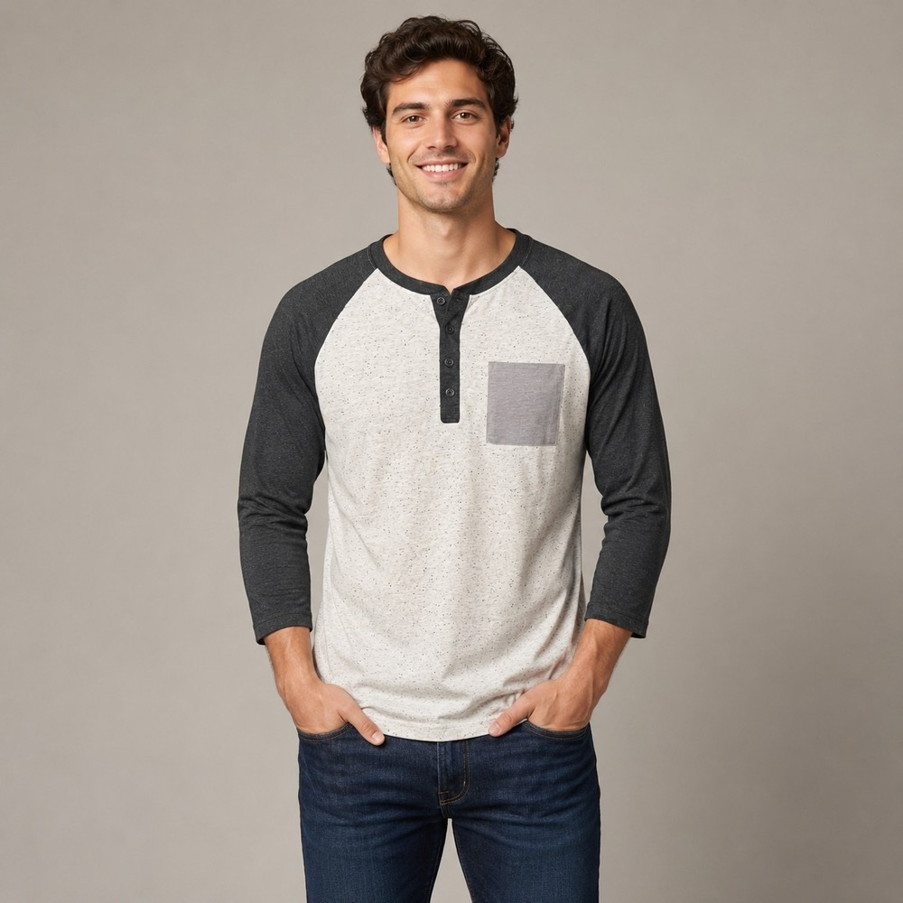 Carbon Men's Medium Henley Shirt Raglan Sleeves Minimalist Gorpcore Streetwear